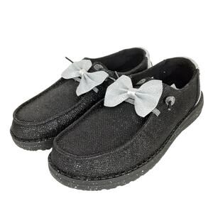 Hey Dude Wendy Slip On Shoes Sparkle Knit Bow Black Glitter Boat Shoe Womens 7.5